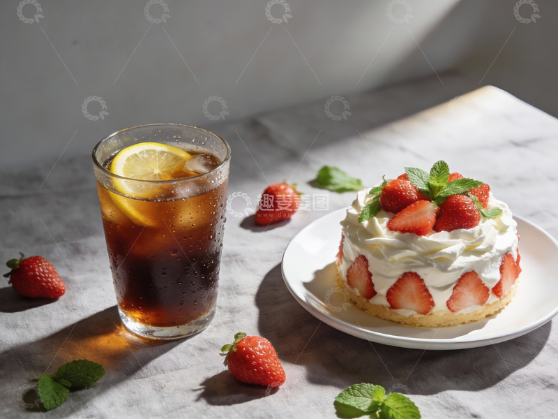 高清大图下载【趣麦麦图】草莓蛋糕与柠檬冰茶