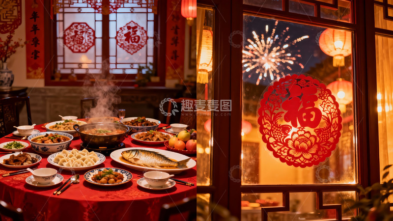 高清大图下载【趣麦麦图】中式年夜饭与窗外烟花