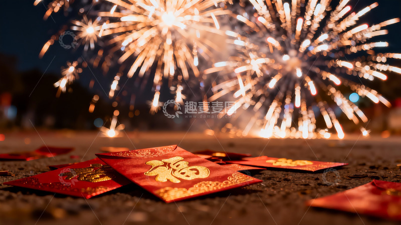 高清大图下载【趣麦麦图】烟花夜下红封散落地面