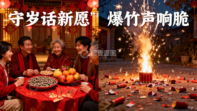 高清大图下载【趣麦麦图】春节家庭团聚与放鞭炮场景