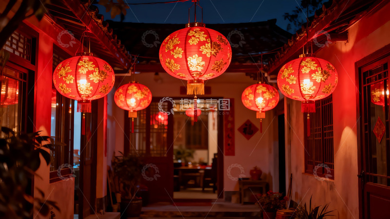 高清大图下载【趣麦麦图】夜色庭院红灯笼高挂