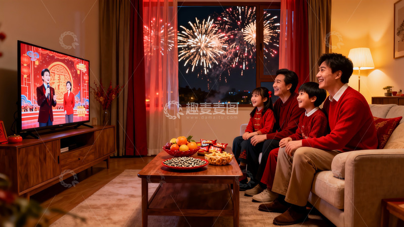 高清大图下载【趣麦麦图】全家除夕夜看春晚放烟花