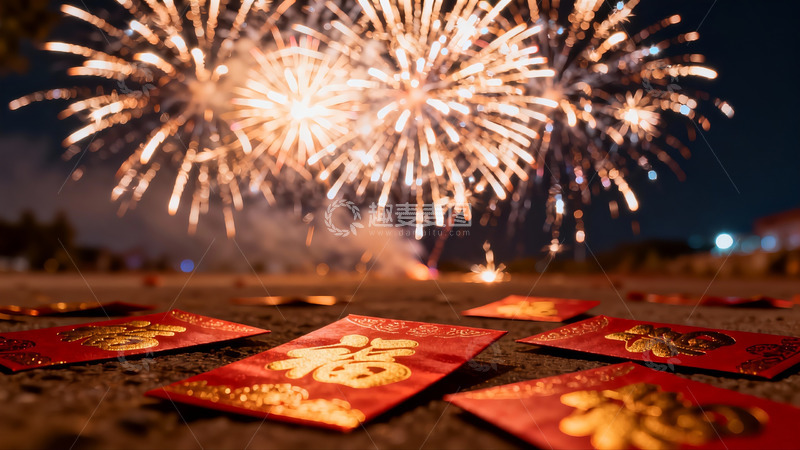 高清大图下载【趣麦麦图】夜空烟花与红色红包