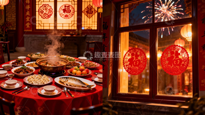 高清大图下载【趣麦麦图】春节家庭聚餐窗外烟花绽放