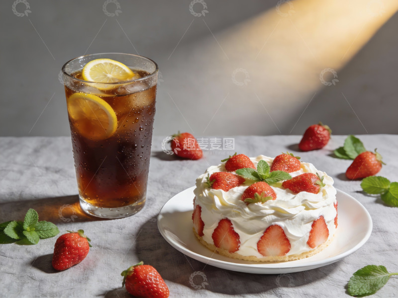 高清大图下载【趣麦麦图】草莓蛋糕配柠檬冰茶