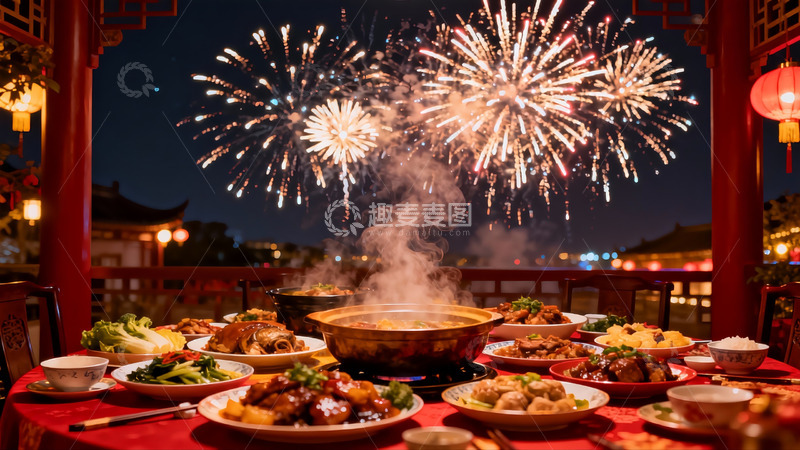 高清大图下载【趣麦麦图】夜宴烟花映衬美食盛宴