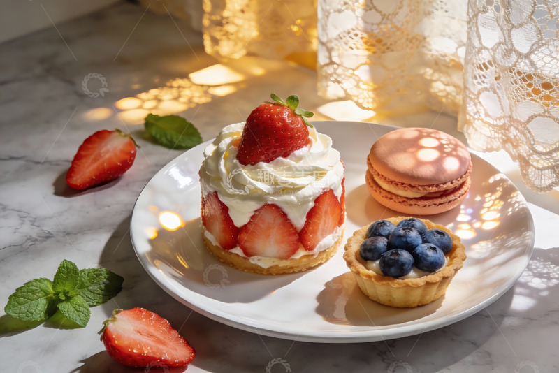 高清大图下载【趣麦麦图】阳光下的草莓甜点与蓝莓挞