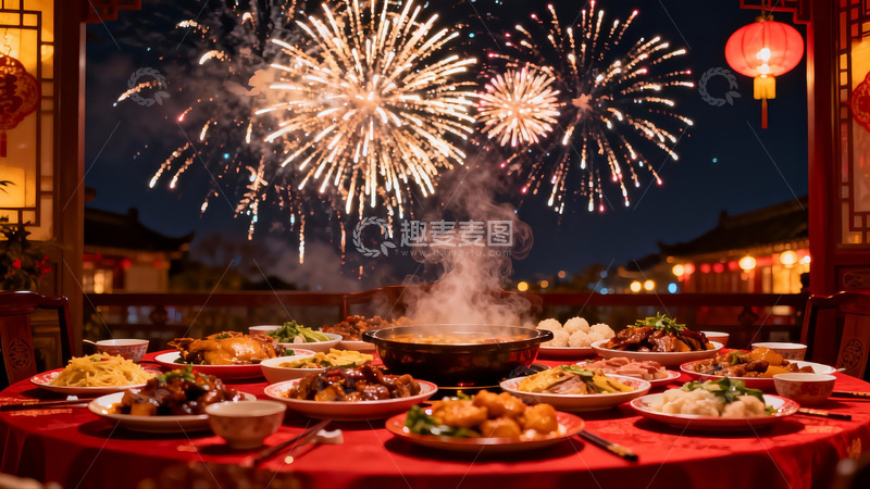 高清大图下载【趣麦麦图】烟花下的年夜饭盛宴