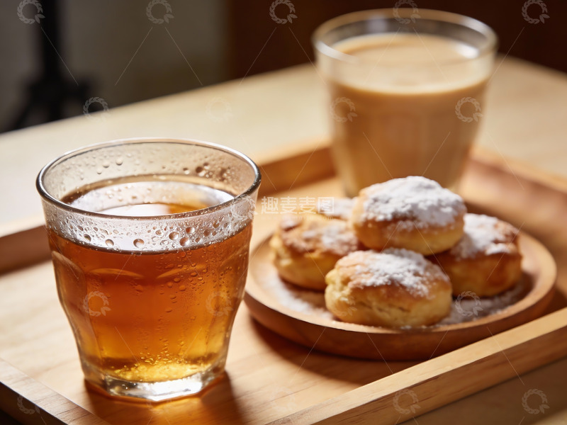 高清大图下载【趣麦麦图】木质托盘上的饮品与点心