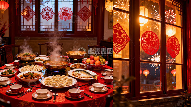 中式年夜饭餐桌与窗外烟花