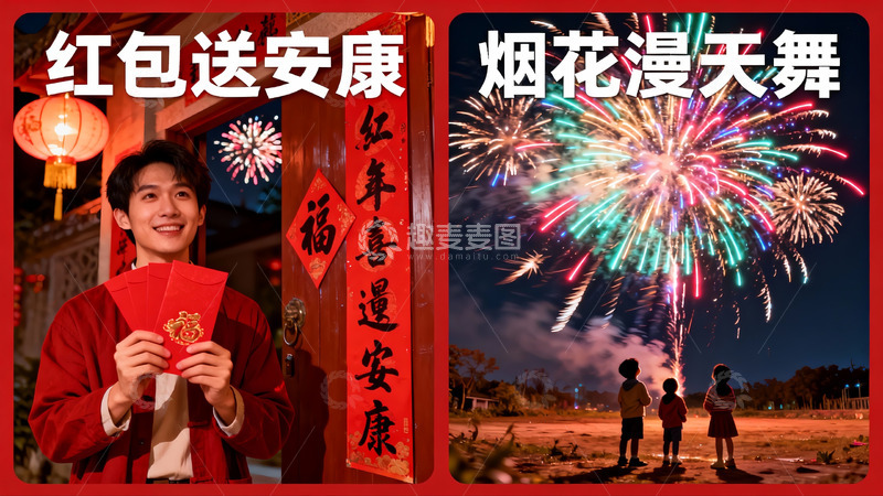高清大图下载【趣麦麦图】春节烟花与红包庆祝场景