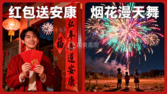春节烟花与红包庆祝场景