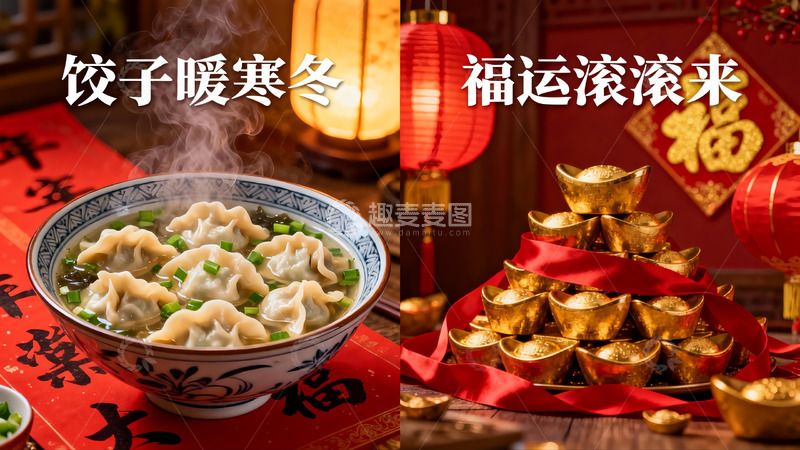 高清大图下载【趣麦麦图】冬日饺子与金元宝迎福