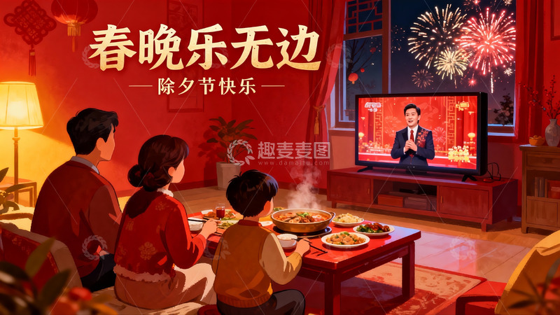 高清大图下载【趣麦麦图】除夕夜家人团聚看春晚