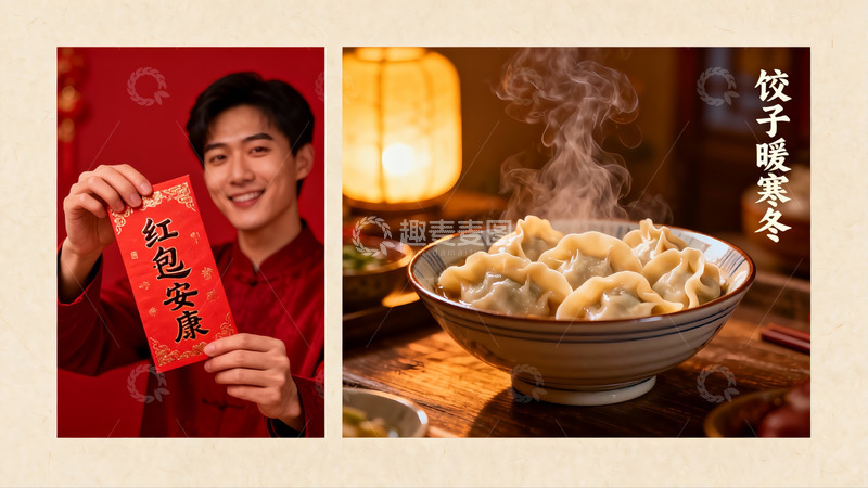 高清大图下载【趣麦麦图】春节红包与热饺暖意融融