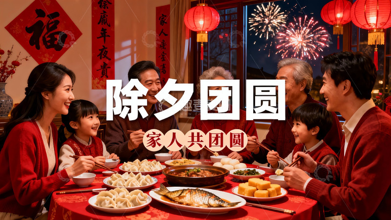 高清大图下载【趣麦麦图】除夕夜家人围坐吃团圆饭