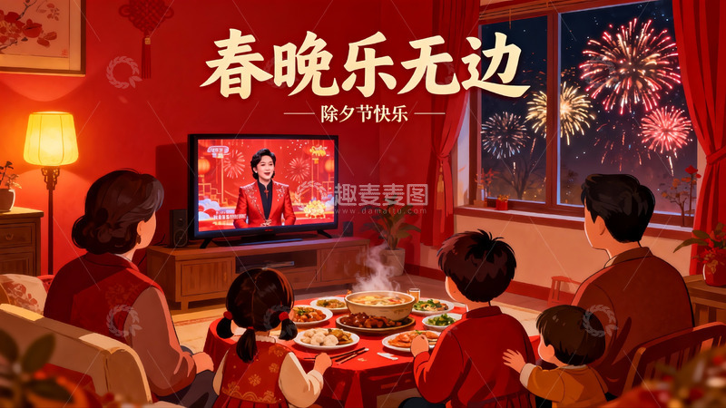 高清大图下载【趣麦麦图】除夕夜家人团聚看春晚