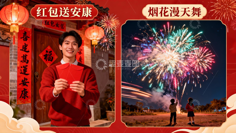高清大图下载【趣麦麦图】春节烟花与红包庆祝场景