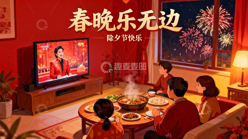高清大图下载【趣麦麦图】除夕夜家人围坐看春晚