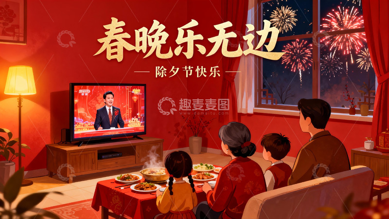 高清大图下载【趣麦麦图】除夕夜家人团聚看春晚