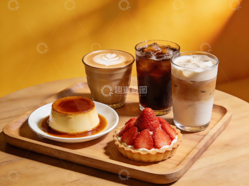 高清大图下载【趣麦麦图】木质托盘上的甜品与饮品