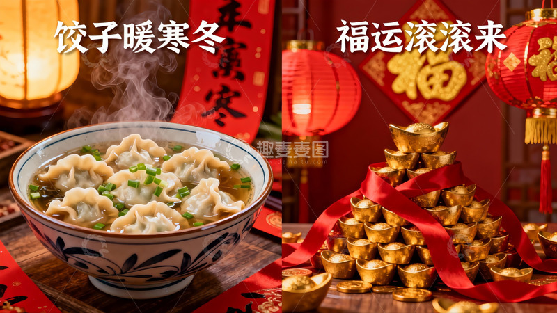 高清大图下载【趣麦麦图】春节美食与财富象征