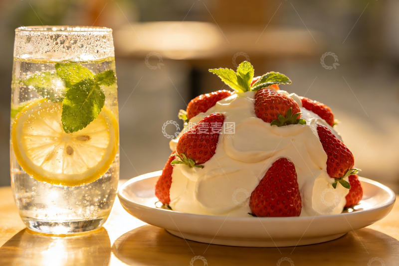 高清大图下载【趣麦麦图】草莓奶油甜点配柠檬苏打