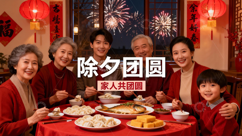 高清大图下载【趣麦麦图】除夕夜家人团聚吃团圆饭
