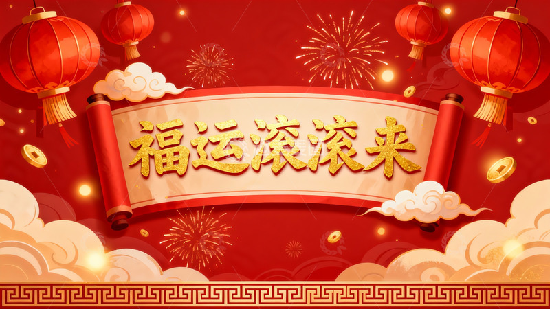 高清大图下载【趣麦麦图】红色灯笼烟花庆祝新年