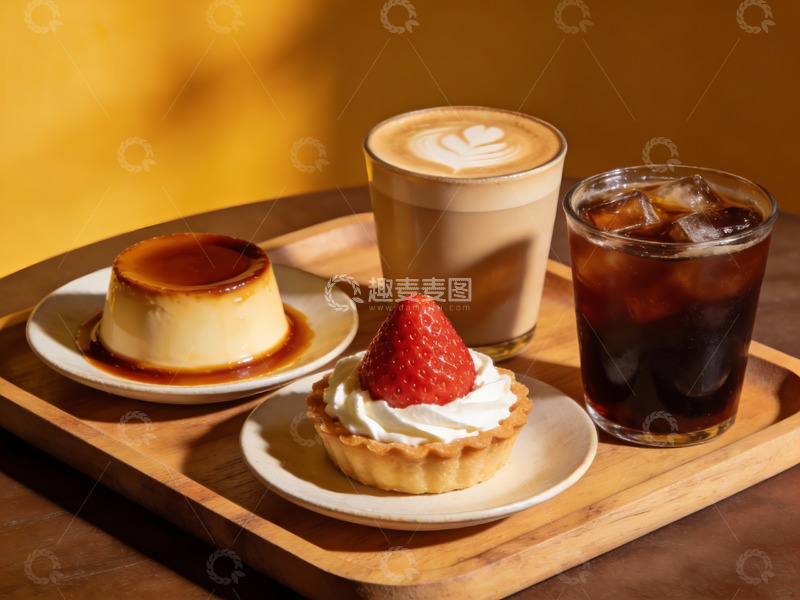 高清大图下载【趣麦麦图】木质托盘上的甜品与饮品