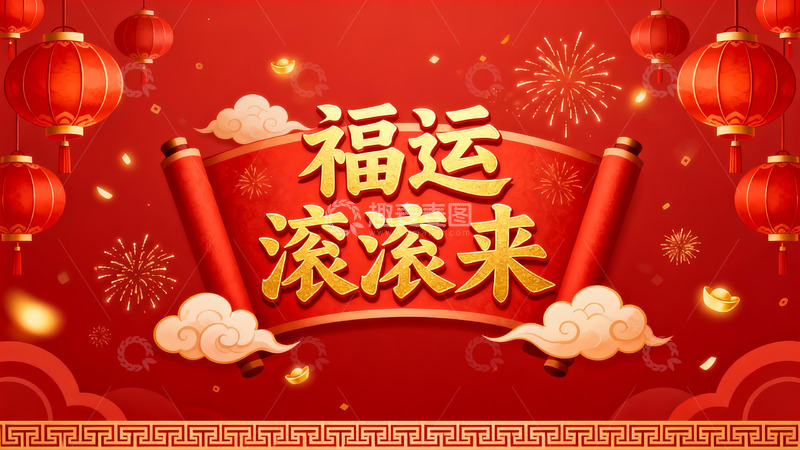 高清大图下载【趣麦麦图】红色灯笼烟花新年祝福图