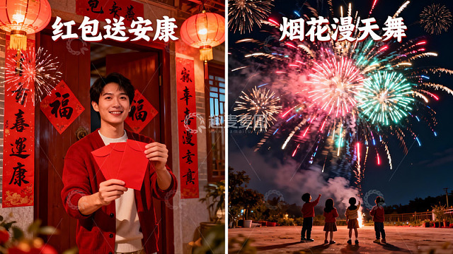 春节烟花与红包庆祝场景