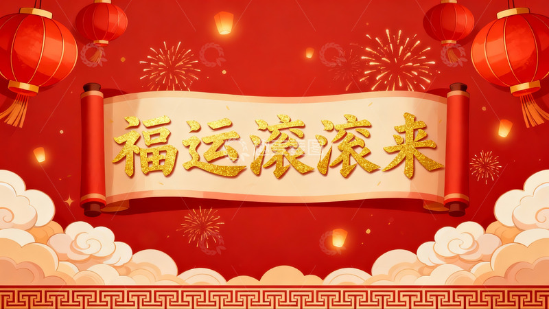 高清大图下载【趣麦麦图】红色背景新年祝福卷轴