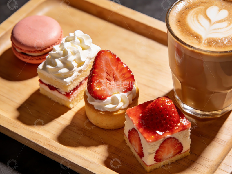 高清大图下载【趣麦麦图】木质托盘上的甜点与咖啡