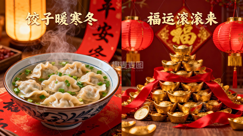 高清大图下载【趣麦麦图】春节美食与财富象征