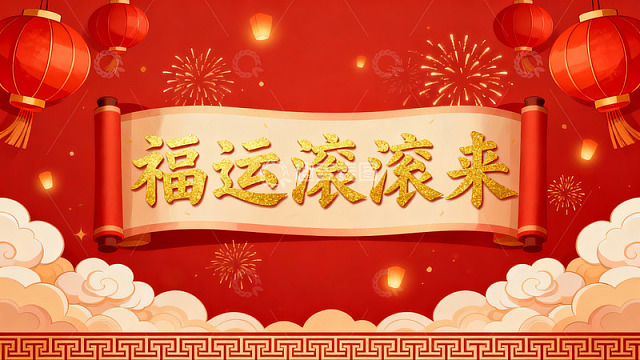 红色背景灯笼烟花卷轴