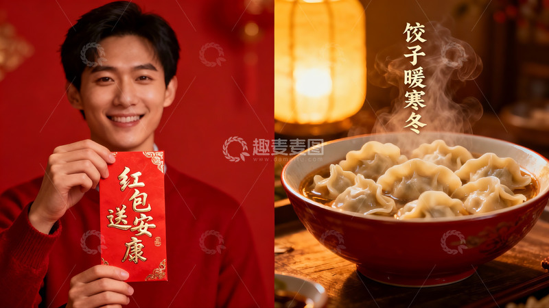高清大图下载【趣麦麦图】新年饺子与红包寓意团圆