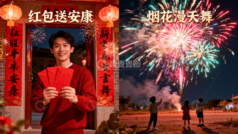 高清大图下载【趣麦麦图】春节烟花与红包庆祝场景