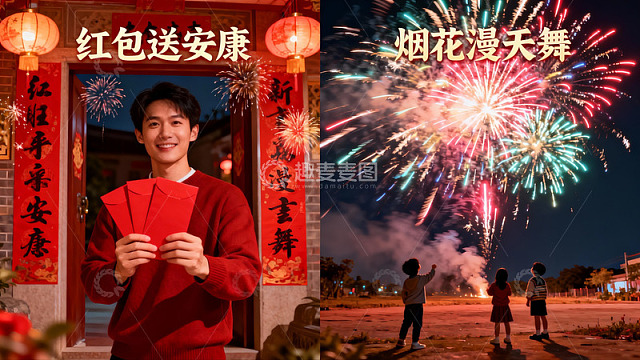 春节烟花与红包庆祝场景