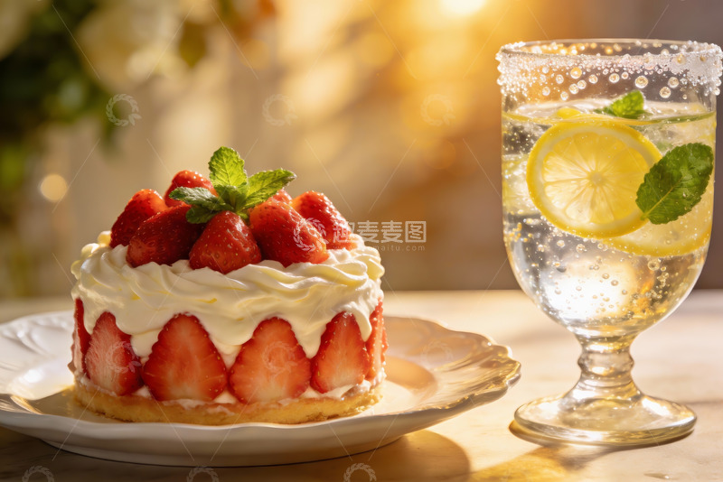 高清大图下载【趣麦麦图】草莓蛋糕配柠檬气泡水