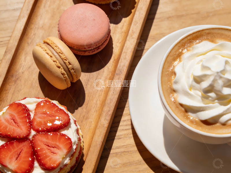 高清大图下载【趣麦麦图】木盘上的甜点与咖啡