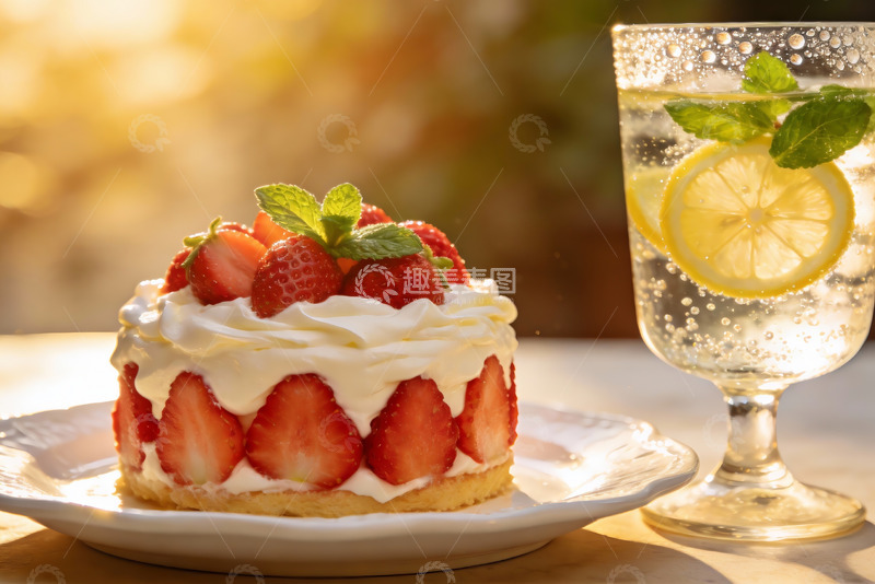 高清大图下载【趣麦麦图】草莓奶油蛋糕配柠檬气泡水