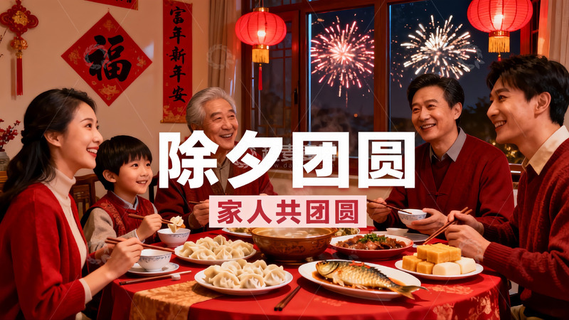 高清大图下载【趣麦麦图】除夕夜家人围坐吃团圆饭