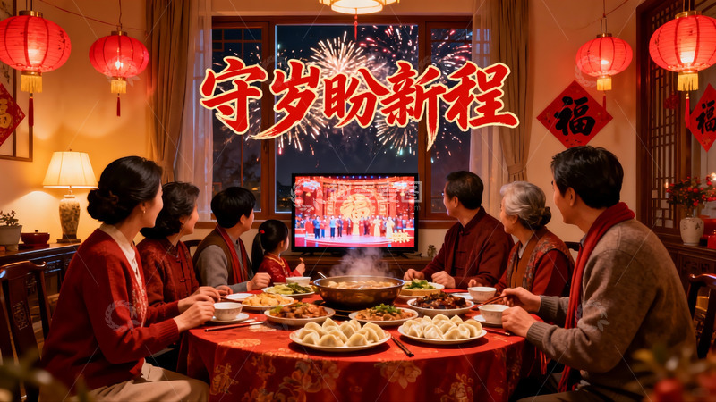 高清大图下载【趣麦麦图】年夜饭团圆夜烟花绽放