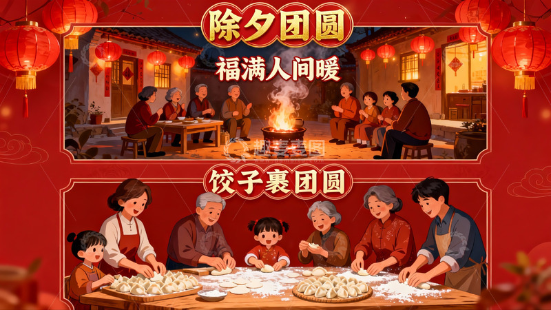 高清大图下载【趣麦麦图】除夕团圆夜家人包饺子