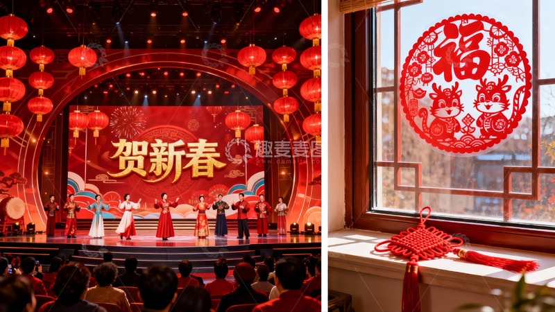 高清大图下载【趣麦麦图】春节舞台表演与窗贴福字