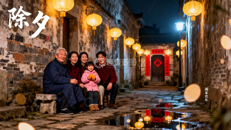 高清大图下载【趣麦麦图】除夕夜古巷家庭团聚温馨场景