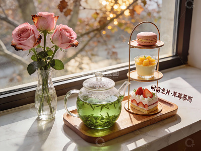 窗边茶点与鲜花静景