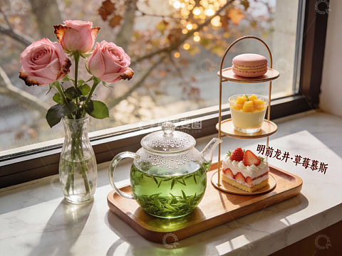 窗边茶点与鲜花静景