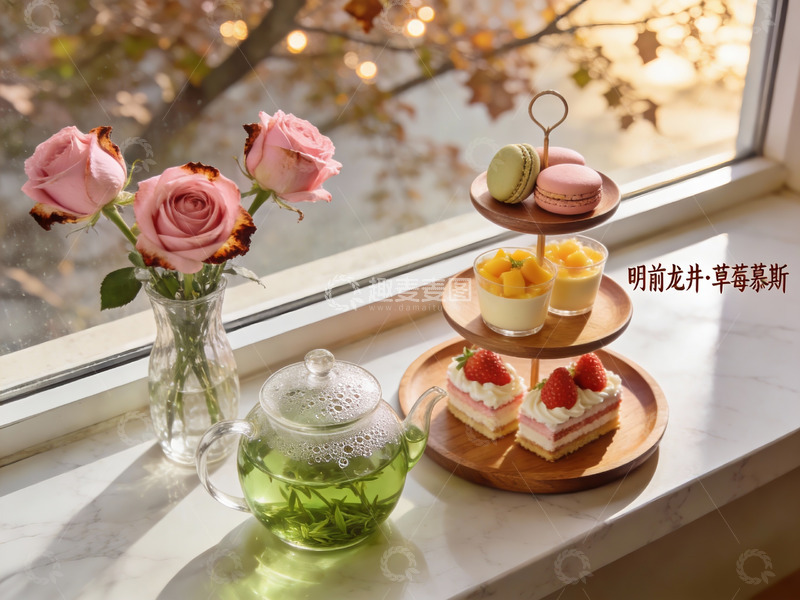 高清大图下载【趣麦麦图】窗边茶点与玫瑰花